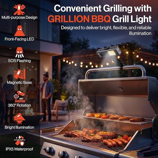 Rechargeable Grill Light - Magnetic BBQ Grill Light for Outdoor Grilling with 360° Adjustable Mount - Ultra Bright COB LED with 2 LED Front Lights - BBQ Accessories for Grilling & Camping