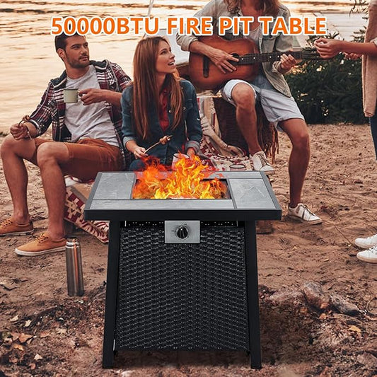 28 Inch Propane Fire Pit Table, 50000BTU Rectangle Fire Table with Cover, Sturdy Steel and Iron Fence Surface, CSA Safety Certified, Companion for Your Garden