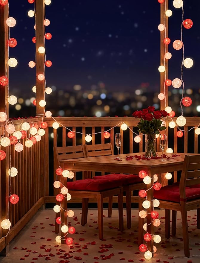 Red Pink and White Cotton Ball String Lights, 8.5Ft Valentine's Day Plug in Fairy Lights with 10 LED Colored Cotton Ball Bulbs, Hanging Globe Cozy Lighting for Girls Bedroom Party Birthday Home Decor