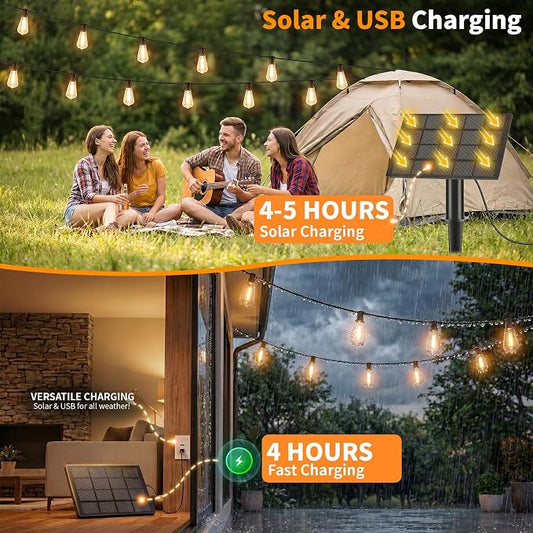 Hotsonic Solar Outdoor String Lights Waterproof, 50FT Remote Control LED Outside Lights with Shatterproof Bulbs, Dimmable Hanging Lights for Patio Porch Garden pergola Yard House Bistro Party decors 