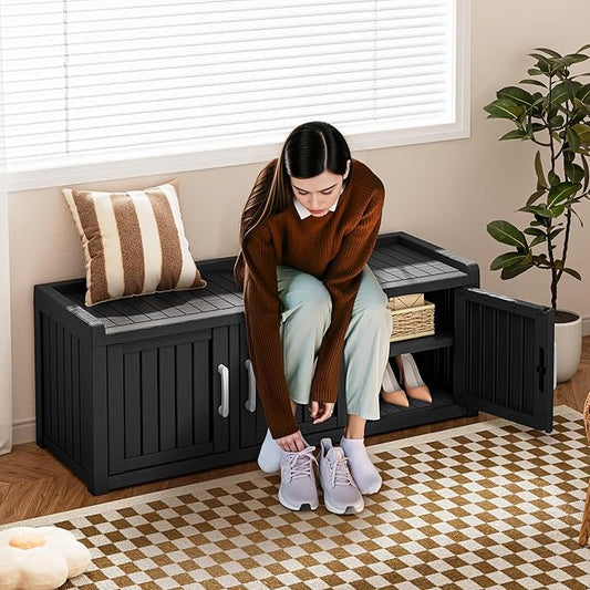 Bifanuo Shoe Storage Cabinet, 3 Door Outdoor Storage Bench with Adjustable Shelves, Waterproof UV-Resistant for Hallway, Living Room, Entryway, Large Capacity Modern Organizer (Black)