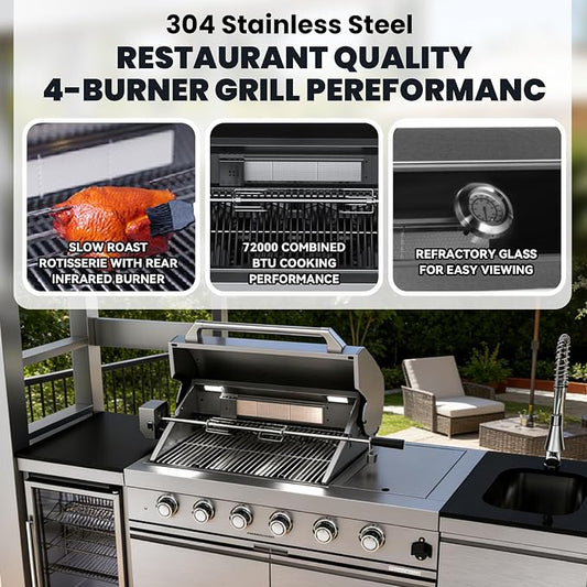 97 Inch Outdoor Kitchen Island with Shed, 72000 BTU 4-Burner Stainless Steel Propane Gas Grill, Wine Cooler Refrigerator, Galvanized Steel Roof, Black Granite Countertop, Silver