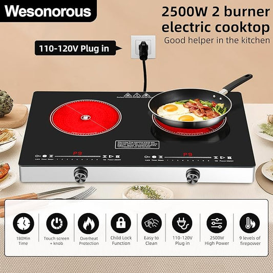 Electric Cooktop,110V 2500W Electric Stove Top with LED Knob Control,9 Power Levels, Kids Lock & Timer,Overheat Protection stove,24 Inch 2 burner cooktop
