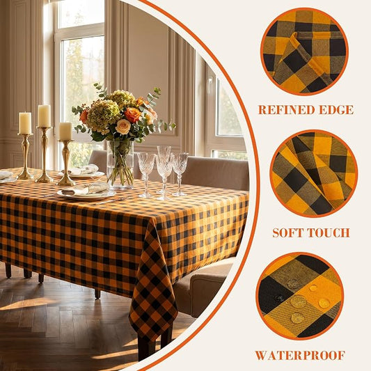 Waterproof Gingham Tablecloth, Checkered Fabric Table Cover for Kitchen Dining, Black & Orange Plaid Table Cloth, Rectangle Table Cloth for Indoor Outdoor Use, W60 x L102 in