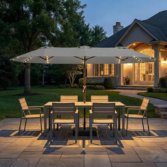 Kingdura 13ft Large Patio Umbrella with Solar Lights, Double-Sided Rectangle Outdoor Table Umbrella with Base Included, 12 Reinforced Ribs, 48 Led Lights, Crank Lift for Market Pool Deck, Light grey