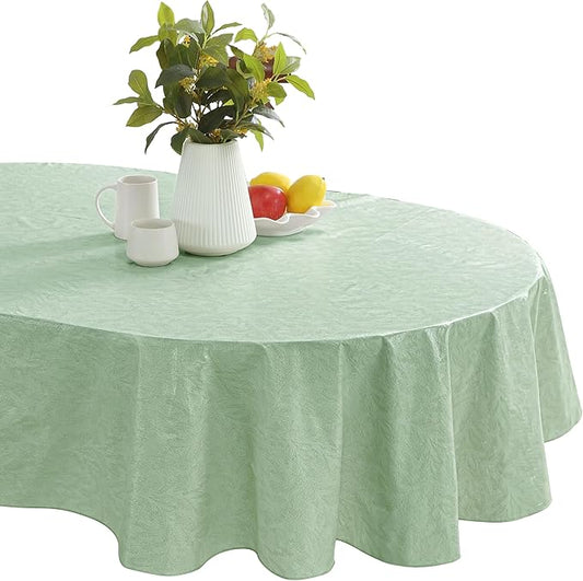 Newbridge Napa Leaf Sage Green Vinyl Flannel Backed Tablecloth, 60 x 84 Inch Oval, Hotel Quality Waterproof Indoor Outdoor Table Cover for Kitchen, Patio, Dining, BBQ