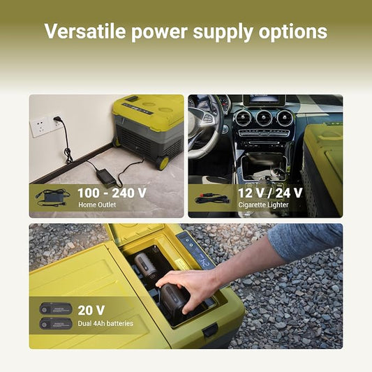 EXIT 20V Outdoor mini refrigerator EX100, battery powered electric cooler -4°F to 68°F, 12/24V DC 100~240 Volt AC for Outside Camping, Tailgating, Includes two Replaceable 4.0 Ah Batteries | Portable Electric Cooler 12V/24V & 100-240V, Battery Powered ...