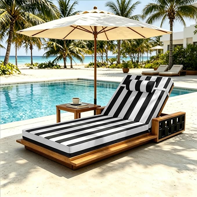 Chaise Lounge Cushion for Outdoor Furniture, Waterproof, Fade-Resistant and Tear Resistant, Patio Lounger Pads with Removable Cover for Pool, Deck, Lawn, 72x21x4 Inch, Black & White Stripe