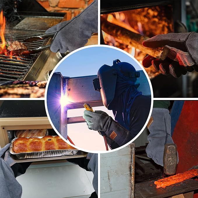 WZQH 16 Inches,932℉,Leather Welding Gloves extra Large, Heat/Fire Resistant,Mitts for BBQ,Oven,Grill,Fireplace,Tig,Mig,Forge,Baking,Furnace,Stove,Pot Holder,Animal Handling Glove. XL, Black-gray