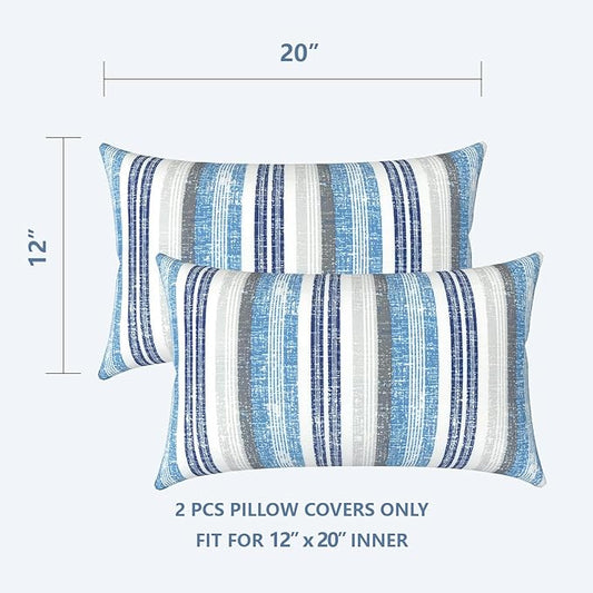 LVTXIII Outdoor Lumbar Pillow Covers Set of 2 Patio Decorative Pillow Cases, Water Repellent Lumbar Cushion Cases for Sofa, Patio Couch Garden Use, 12x20 Inch, Stripe Layered Blue
