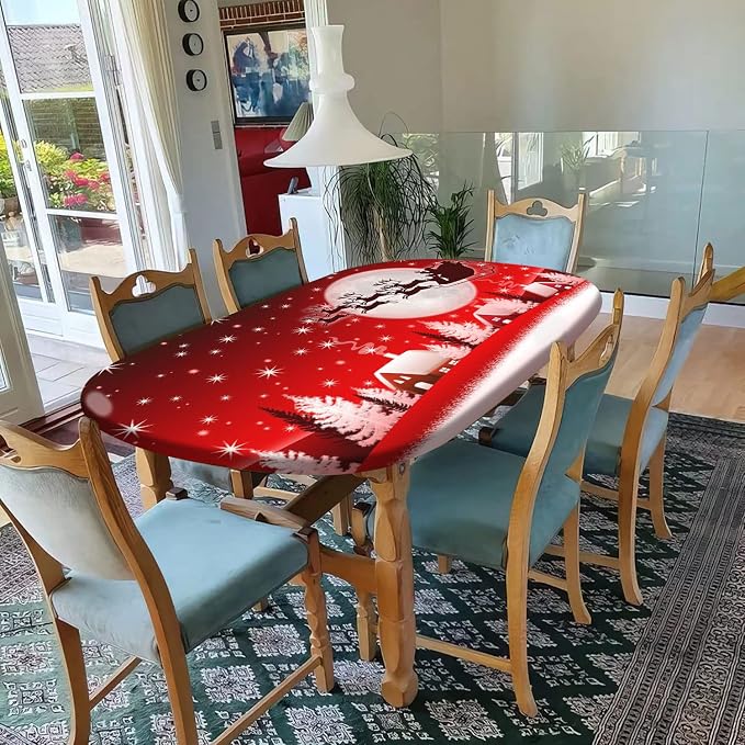 Merry Christmas Fitted Tablecloths Oval - Happy New Year Winter Moon Santa Deer Wrinkle Resistant Cloth, Fits 42x60 In, Elastic Edged Cover for Xmas Outdoor Party and Dinner Use