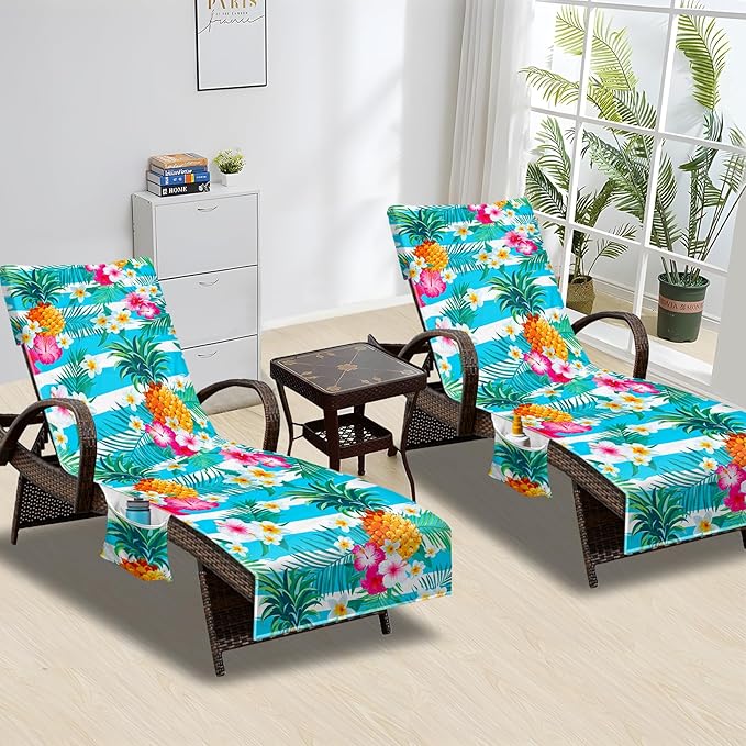 Beach Chair Cover with Side Pockets (1Pc), Thick and Quick Dry Lounge Chair Towel Cover for Sun Lounger Pool Sunbathing Garden Beach Hotel, No Sliding, Pineapple Theme
