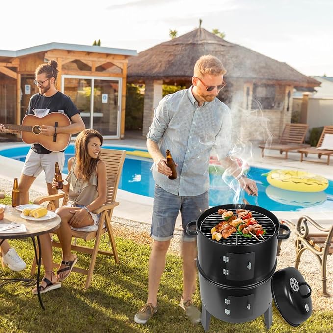 18 Inch Multi-Layer Steel Charcoal Smoker Grill, 3IN1 Vertical Heavy Duty Round Charcoal BBQ Smoker Grill with Built-in Thermometer & Adjustable Vent System for Camping & Home Party, Black