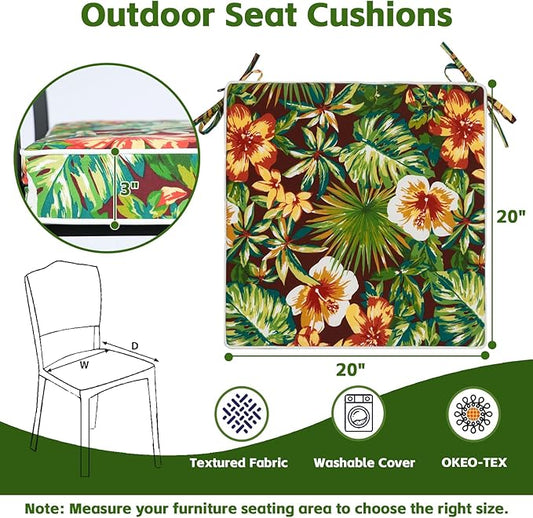 COZYVIDA Outdoor Chair Cushions Set of 4, 20"x20" Square Seat Pads with Tie Straps and YKK Zippers, 30D High-Density Foam, Water-Resistant Fabric,UV-Resistant 1000+ Hrs