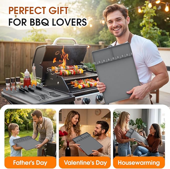 Silicone Grill Mats Compatible with Blackstone, Spatula Tools Mat with Drip Pad, Griddle Mats BBQ Grill Accessories, Side Shelf Pad for Kitchen Counter Outdoor Grill, Easy-to-Clean, Grey