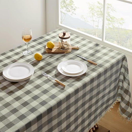 Softalker Checkered Tablecloth Rectangle, Outdoor Linen Cotton Gingham Table Cloth with Tassel, Heavy Duty Wrinkle Free Buffalo Plaid Table Cover for Kitchen Dining Home Party - 55 x 120 Inch, Coffee