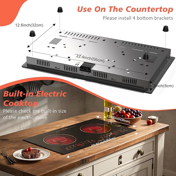 2 Burner Electric Cooktop 110v, 24 Inch Electric Stove Countertop & Built-in, Plug-in Electrics Cooktop, 8 Power Levels & 8 Functions, Touch Control, Safety Lock, Timer, 2000W, Orange