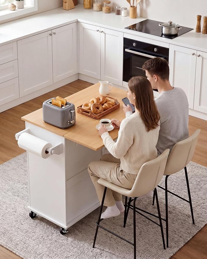 VEVOR Kitchen Island Cart with Storage, 43.58 in Wide Mobile Rolling Storage Island on Swivel Wheels, with 2 Drawers, Storage Cabinet, Drop Leaf, Spice/Towel Rack, Table for Home Dining Room, White