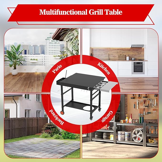 Grill Table for Pizza Ovens, Ninja Pizza Oven Table with Extendable Desk, Durable Outdoor Grill Cart Stand with Food Prep Topping Station for Patio, Backyard,43" L × 27" W