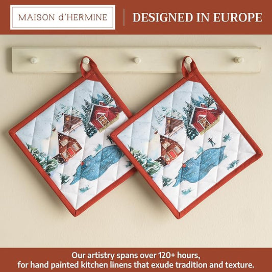Maison d' Hermine Pot Holders 100% Cotton Potholders (8" x 8", Pack of 2) | Heat Resistant Hot Pads with Loop BBQ Cooking Baking Hotel Kitchen Handling Hot Pans Thanksgiving Christmas - Megeve