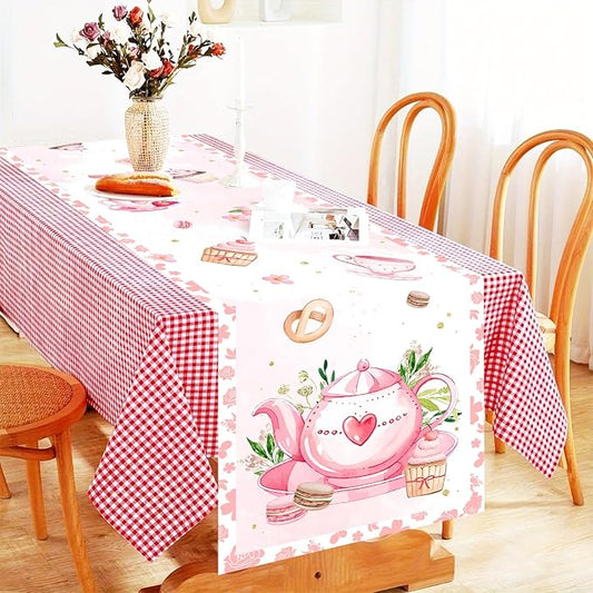 Floral Tea Party Theme Table Runner, Floral Garden Linen Fabric Table Runner for Everyday Use 72 x 13 Inches, Washable Table Cover for Indoor Outdoor Kitchen Dining Table Decor
