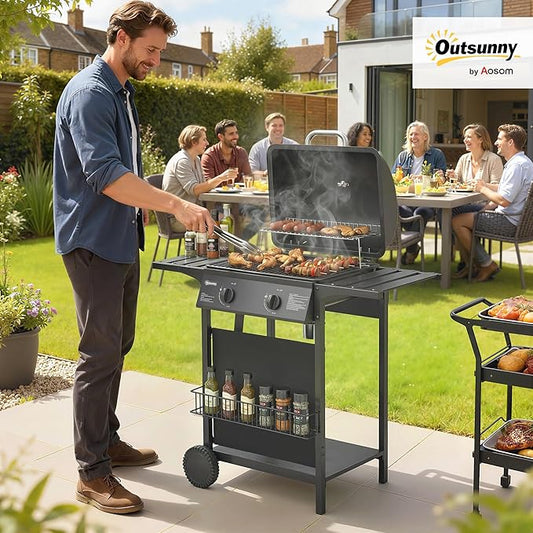 Outsunny 2 Burner Propane Gas Grill, 18000 BTU BBQ Grill with Wheels, Warming Rack, Side Tables, Shelf, Thermometer, Grease Cup, Outdoor Barbeque for Outdoor Backyard Patio, Black
