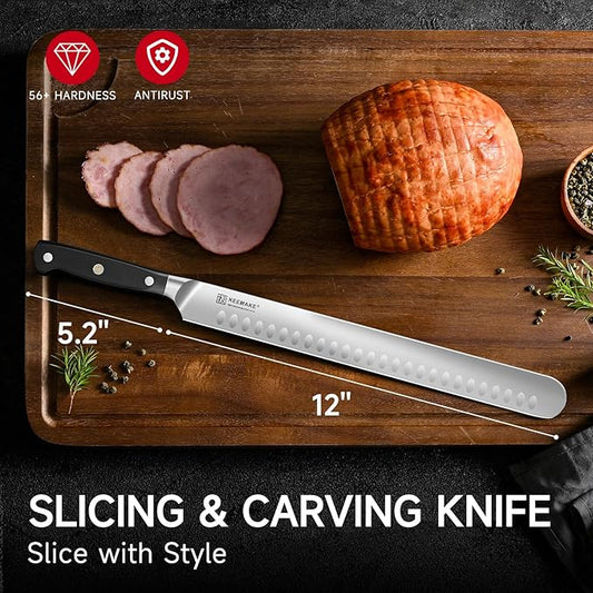 KEEMAKE Brisket Knife, 12โโ Carving & Slicing Knife with Ergonomic Handle, German High-Carbon Steel, Sheath Included, Razor Sharp for Meat, Roasts, BBQ, Turkey, Grilling Gifts for Men
