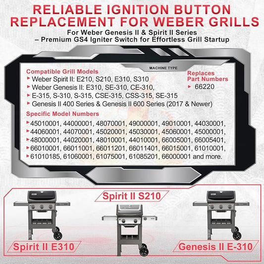 66220 Spirit 2 Igniter Switch for Weber Genesis II & Spirit II Grill GS4 Igniter Button Replacement Spirit II E310 E210 S210 S310 Electronic Ignition, Genesis 2 Grill Ignitor Replacement(2017-Newer)