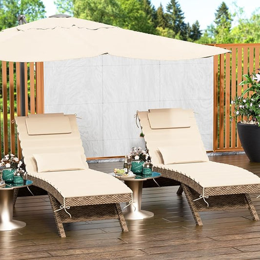 2 Sets of Outdoor Water-Resistant Olefin Chaise Lounge Cushions with Headrest and Pillow, Weather and Fade Resistant Foldable Quilted Lounge Chair Pads with Straps, Beige, 73" L x 22" W