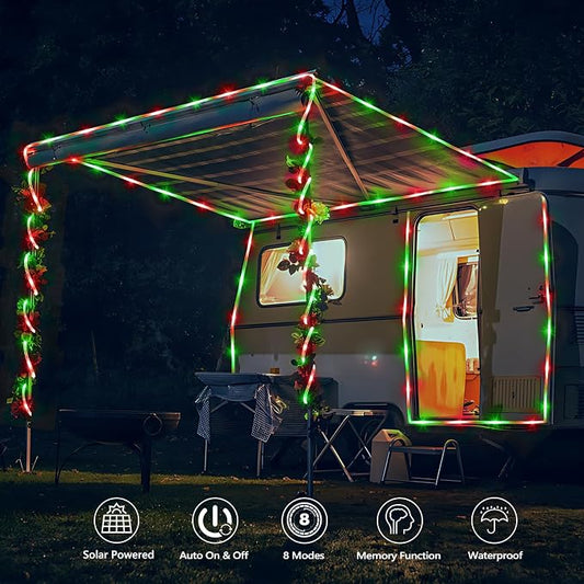 Solar Rope Lights, 33ft 100LED Solar String Lights, 8 Modes Waterproof Solar Outdoor Light, Flexible Clear Trampoline Light for Garden Backyard Patio Deck Porch Pool Tree Decoration - Red & Green
