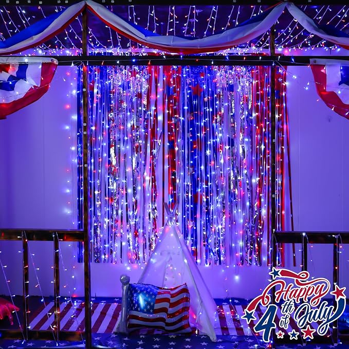 YEGUO 66ft 200 LED Red White and Blue Lights, 4th of July Decorations String Lights Plug in Indoor Outdoor, 8 Modes Clear Wire Patriotic Light for Independence Day Holiday Memorial Day Party Decor