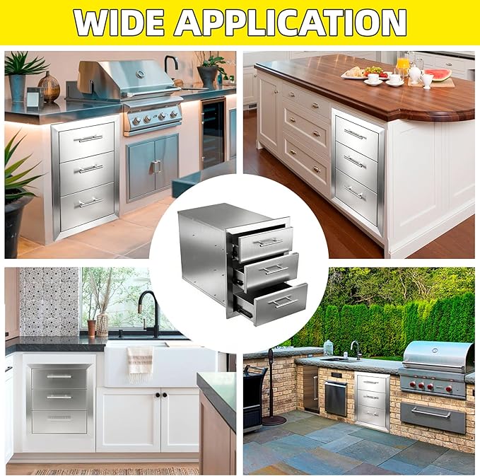 Outdoor Kitchen Drawers 18" W x 20.5" H x 20.5" D Stainless Steel Flush Mount Modular Cabinet, with Chrome Handle for Outdoor Kitchens or BBQ Island Patio Grill Station