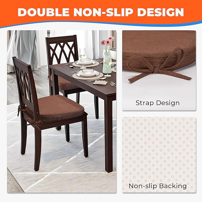 Sunsleek Chair Cushions for Dining Chairs, D-Shaped Seat Cushions with Removable Washable Cover and Ties, Chair Pads for Kitchen, Indoor Dining Room, Patio Chairs, 17'' x 16'', Set of 4, Brown