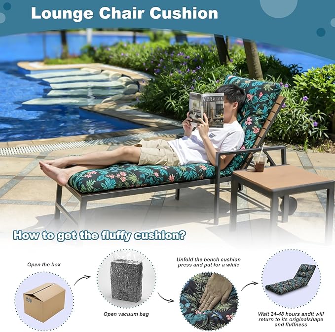 Outdoor Lounge Chair Cushions, 74.4 x 22 x 4.7 Inches Waterproof Fade Resistant Patio Cushion for Chaise Lounger