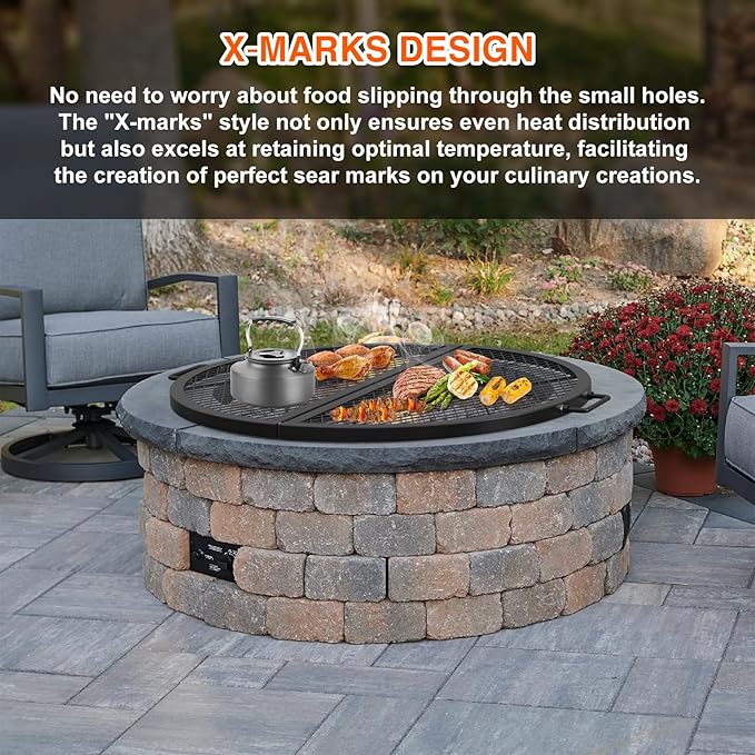 only fire X-Marks Fire Pit Cooking Grate, Foldable Round Grate for Outdoor Cooking, Heavy Duty Steel Campfire BBQ Grill Grid with Handle, Portable Camping Cookware, 30 inch