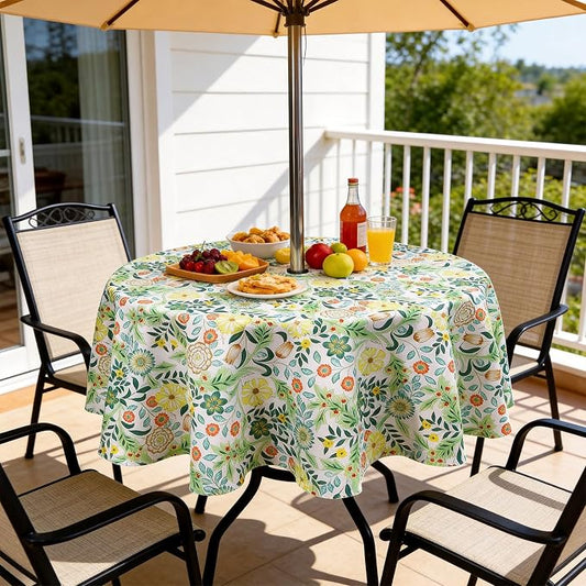 SUQ I OME Outdoor Tablecloth, Yellow Flora, 60'' Round with Zipper | zippered patio tablecloths