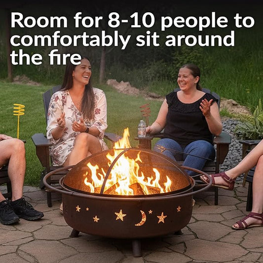Sunnydaze Cosmic 42-Inch Large Outdoor Fire Pit - Wood-Burning Firepit for Outside Patio, Backyard, Deck - Steel - Wood Grate, Spark Screen, and Fireplace Poker Included - Bronze - 34” Bowl Diameter