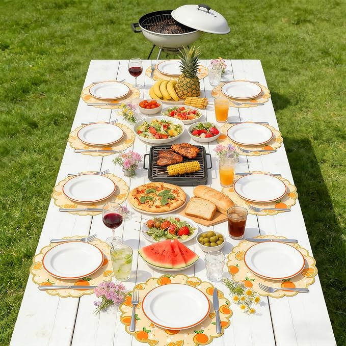 100 Pcs Orange Paper Placemats Orange Fruit Place Mats 13.5 Inch Disposable Round Decorative Dining Table Mat with Scalloped Edge for Spring Summer Picnic BBQ Birthday Bridal Wedding Party Supplies