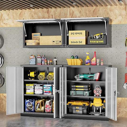 INTERGREAT Metal Storage Cabinet, 36โ Steel Locking Cabinet with Doors and Shelves, Black Grey Utility Cabinet Garage Cabinets for Home Office, Garage, Kitchen