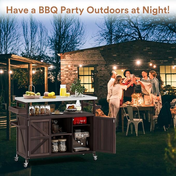 Zevemomo Outdoor Grill Cart with Storage, Lockable Casters, Brown | Stainless Steel Tabletop Outdoor Kitchen Island, Fir Wood Outdoor Buffet Cabinet for Kitchen & Barbecue