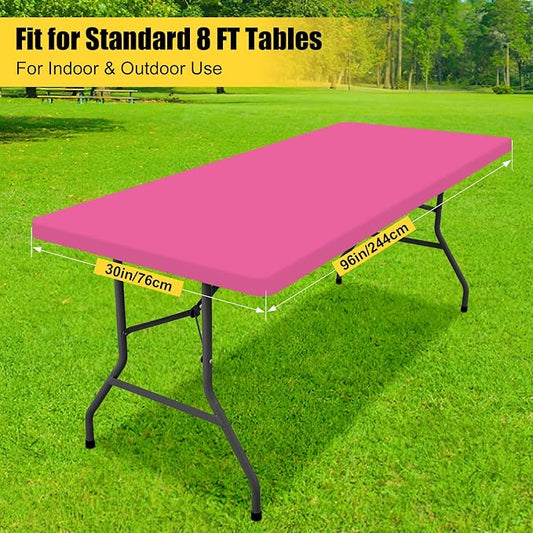 Smiry Rectangle Tablecloth, Elastic Fitted Flannel Backed Vinyl Tablecloths for 8ft Folding Tables, Waterproof Wipeable Table Covers for Indoor, Outdoor, Camping and Picnic (Rose Pink, 30"x96")