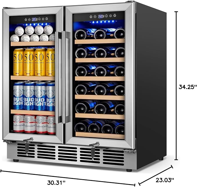 30" Dual Zone Wine and Beverage Refrigerator, Under Counter or Freestanding | 29-Bottle 110-Can capacity, Fast cooling, Ideal for home bar office, Adjustable shelves, Temperature memory, LED display