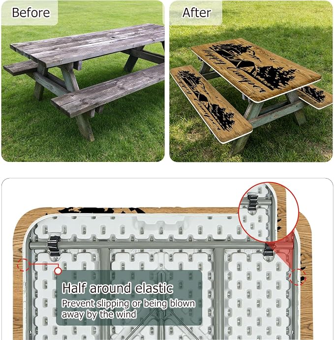 3 Piece Picnic Table Cover with Bench Covers for Outdoor, Patio, 30x72 Inch | Camping Table Cloth Waterproof Windproof with Elastic Edges & Drawstring Bag, Fitted Rectangle Tables and Seat Covers