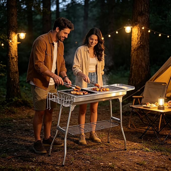 Portable Charcoal BBQ Grill, Foldable Smoker Tall Barbecue Grill Charcoal Outdoor Lightweight for Cooking Camping Hiking Picnics Tailgating Backpacking Garden Beach Party (39.3"L x 27.9"H)