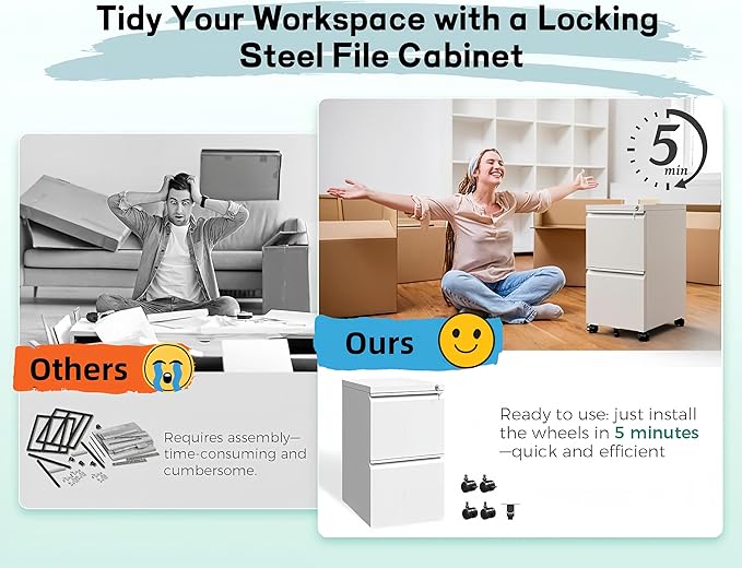 Approgreent 2 Drawer Metal File Cabinet, Fully Assembled Locking Filing Cabinet with Anti-Tipping Wheels, Quiet Slide, Heavy-Duty Steel Construction, Fits A4 Letter Legal for Home Office, Matte White
