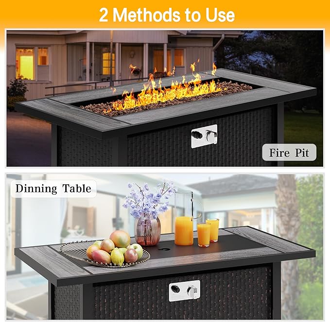 45in Fire Table, Propane Fire Pit with Red Lava Rocks and Rain Cover, Outdoor Firepit Table with Tile Top 50000 BTU 2-in-1 Fire Table for Patio/Yard/Balcony, Gray Tabletop