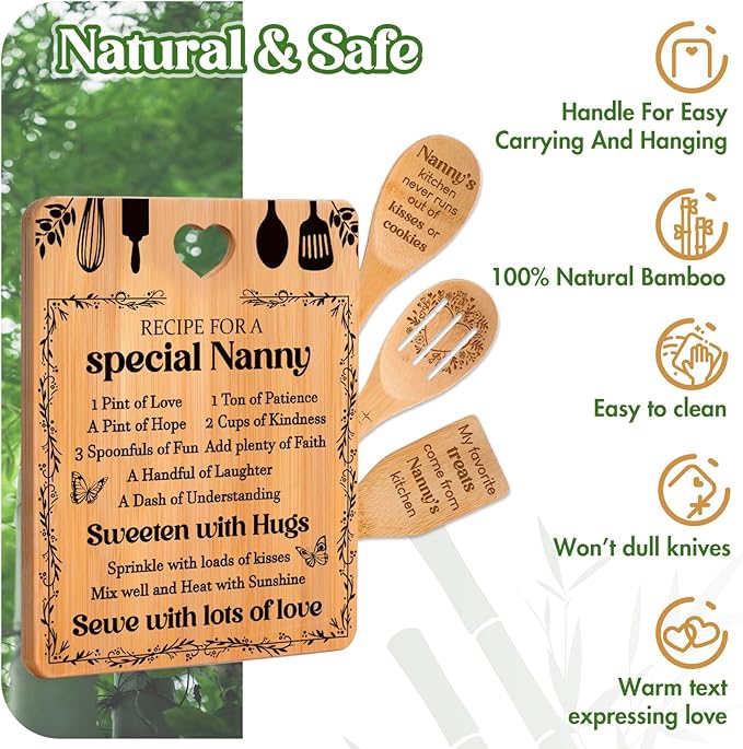 Gifts for Nanny - "Recipe for a Special Nanny" Nanny Gifts Cutting Board Set, Bamboo-Made Engraved Utensil Set Nanny Gifts for Grandma, Mothers Day Gifts for Nanny