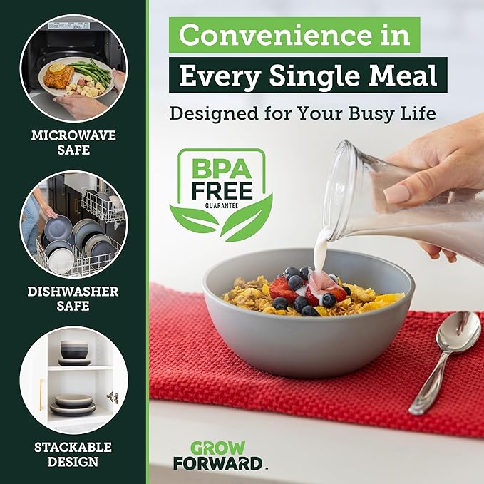 Grow Forward 16-piece Premium Wheat Straw Dinnerware Sets for 4 - Unbreakable Dishwasher & Microwave Safe Plastic Plates and Bowls Sets - Patio, Outdoors, RV, Camping Dishes - Moonlight
