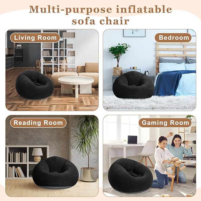 Realspring 6 9 12 Pcs Inflatable Bean Bag Chairs for Adults with Electric Air Pump, Blow up Couch Folding Portable Inflatable Couch Lazy Sofa for Outdoor Movie Night Camping(Black,9 Pcs)