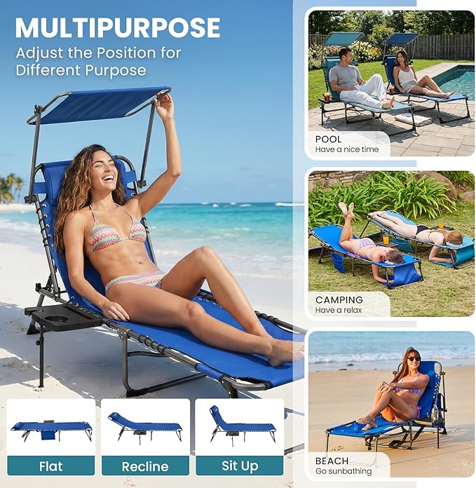 FUNDANGO 400lbs Tanning Chair with Face Hole & Canopy & Side Table, 5 Positions Beach Sunbathing Lounge Chair Facedown Chaise Lounge with Pillow for Pool Outdoor Camping Patio, Set of 2 Blue